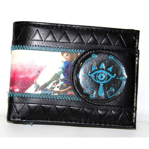 Legend Zelda Breath Wild Blue Sheikah Eye Emblem BiFold Card Holder Black Wallet - Picture 2 of 6